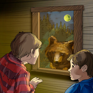 Mystery of Salmon book. bear looking at boys